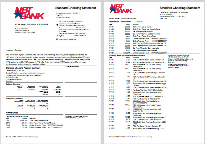 usa NBT Bank Standard Checking Statement Template in word and pdf format