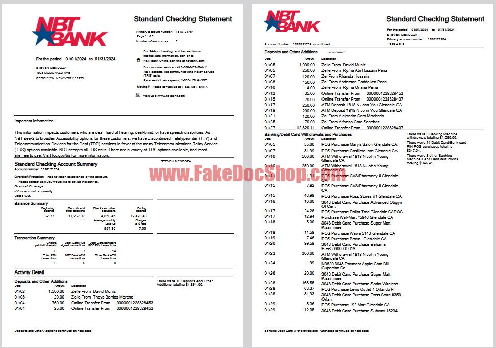 usa NBT Bank Standard Checking Statement Template in word and pdf format