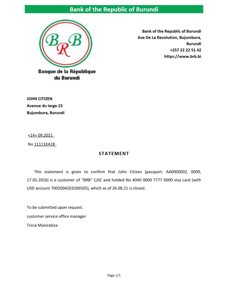 Burundi The Republic Bank Of Burundi Bank Account Reference Letter Template