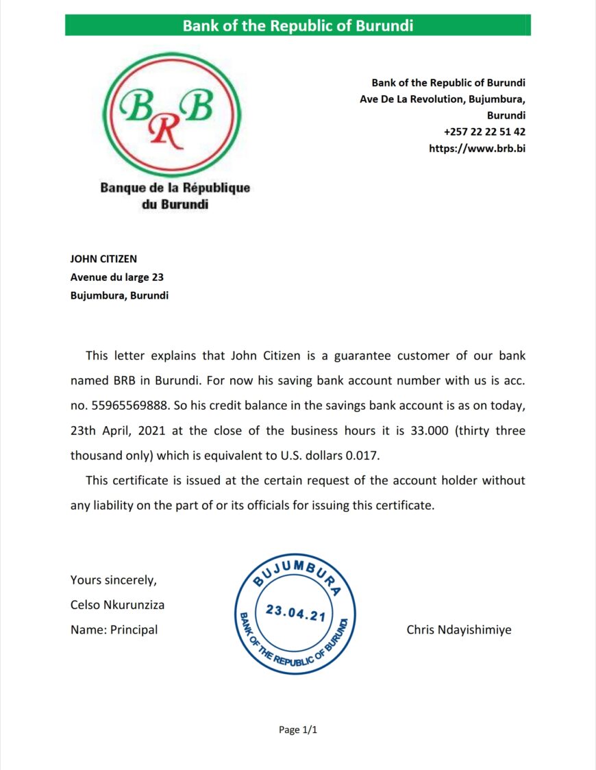 Burundi The Republic Bank Of Burundi Bank Account Reference Letter Template Version 2
