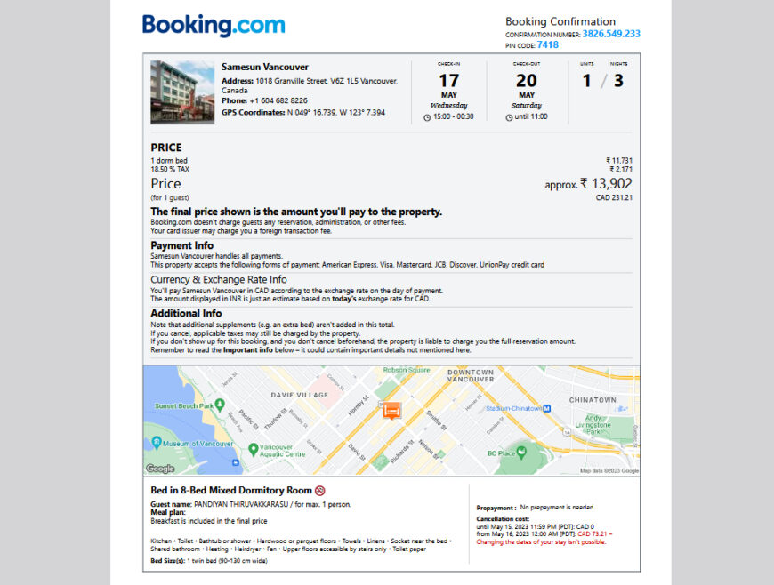 Canada Hotel Booking Form Template in word and pdf format