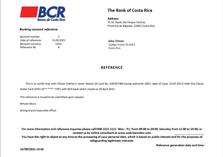Costa Rica The Bank Of Costa Rica Bank Account Reference Letter Template