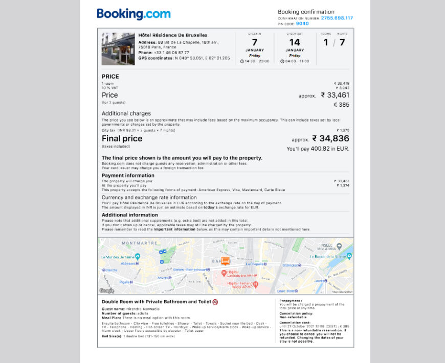 France Hotel Booking Confirmation Template in word and pdf format