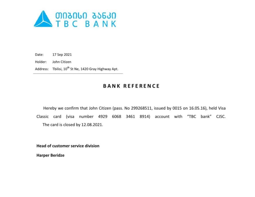 Georgia TBC Bank Reference Letter Template