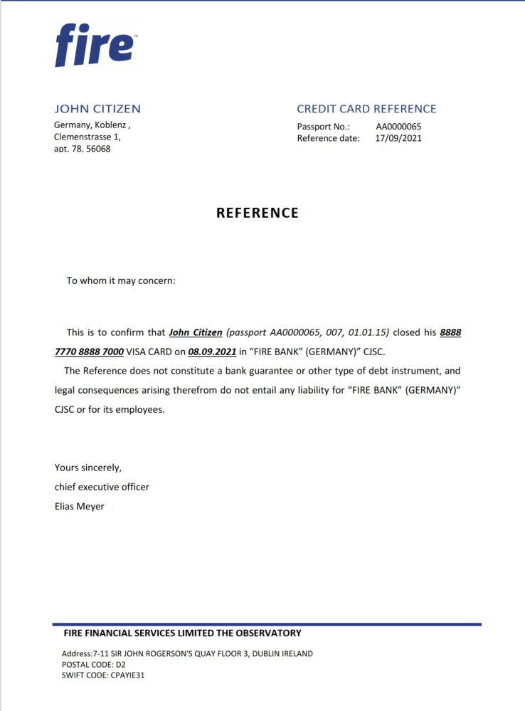 Germany Fire Bank Account Reference Letter Template