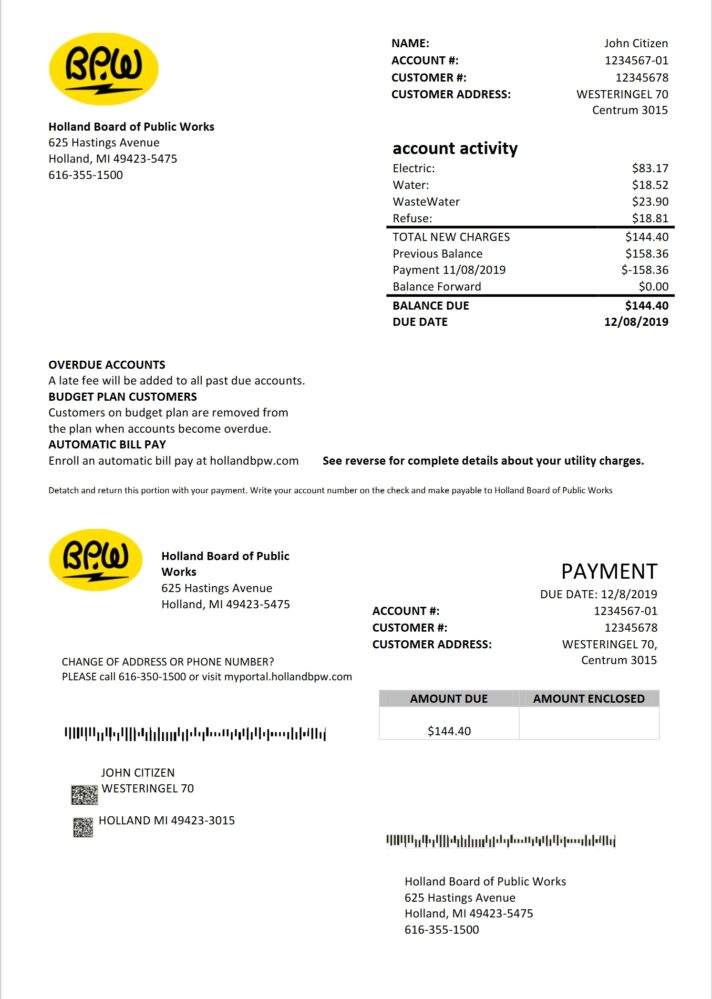 Holland BPW Utility Bill Word And PDF Template