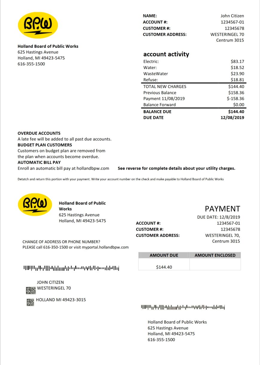 Holland BPW Utility Bill Word And PDF Template