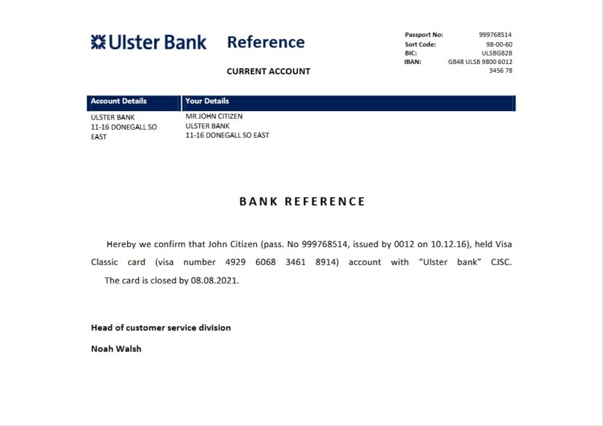 Ireland Ulster Bank Reference Letter Template Version 2