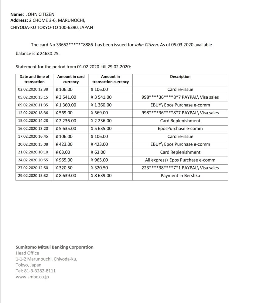 Japan Sumitomo Mitsui Banking Corporation SMBC Bank Statement Word and PDF Template