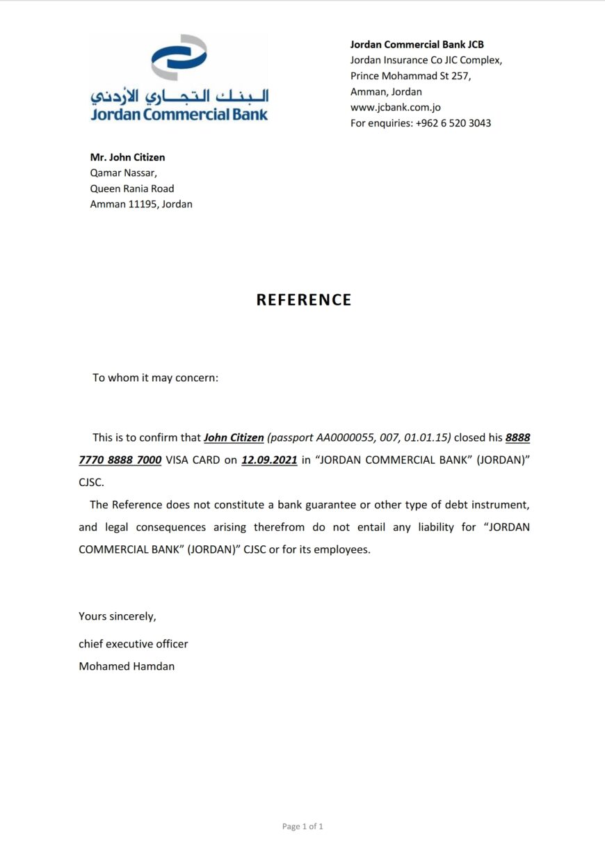 Jordan Commercial Bank Reference Letter Template Version 2