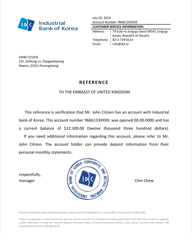 Korea Industrial Bank of Korea Bank Reference Letter Template