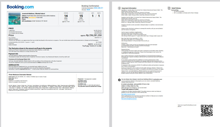 Maldives Hotel Booking Confirmation Template in word and pdf format