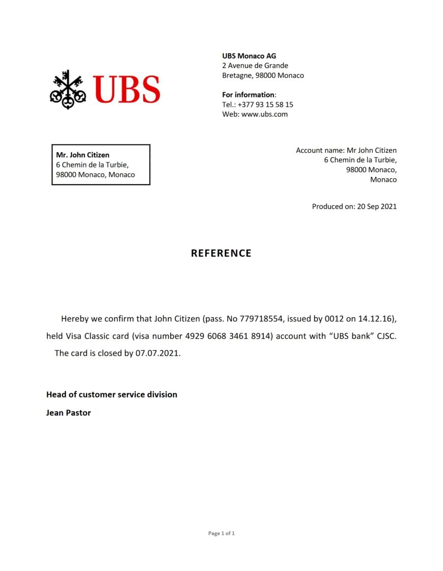 Monaco UBS Bank Reference Letter Template Version 2