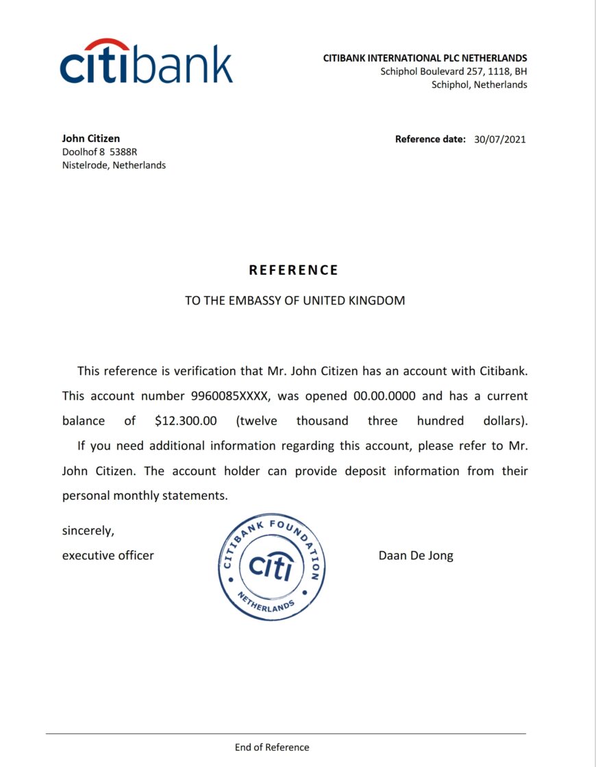 Netherlands Citibank Bank Reference Letter Template