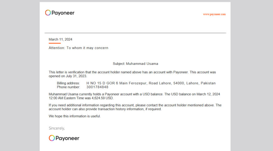 Payoneer Account Verification Template in word And PDF Format