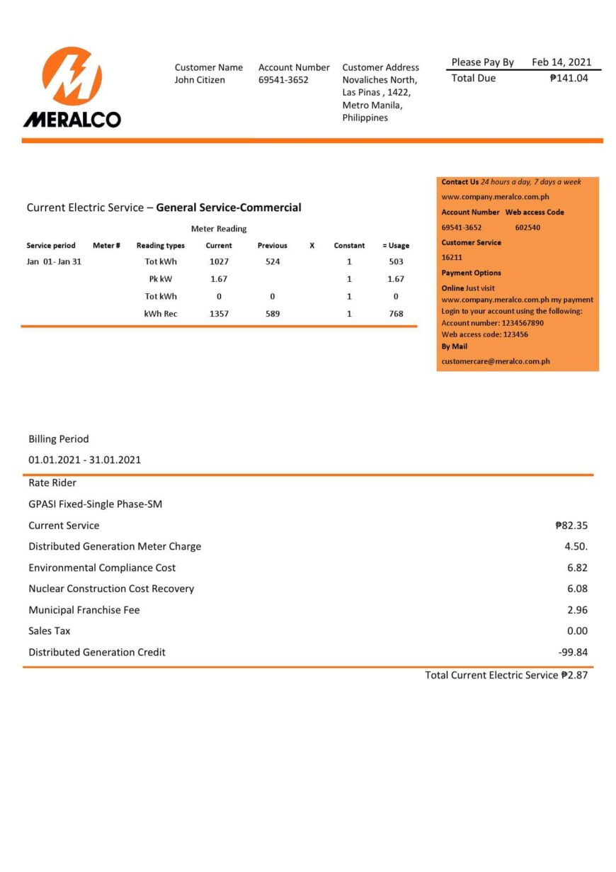 Philippines Manila Electric Company Meralco Electricity Utility Bill Word And PDF Template