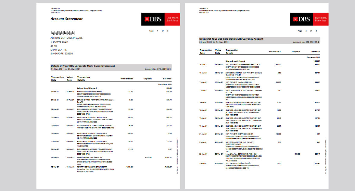 Singapore DBS Corporate Multi-Currency Account Statement Template in word and pdf format