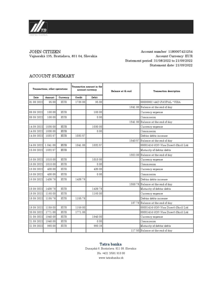 Slovakia Tatra Bank Statement Excel and PDF Template Version 2