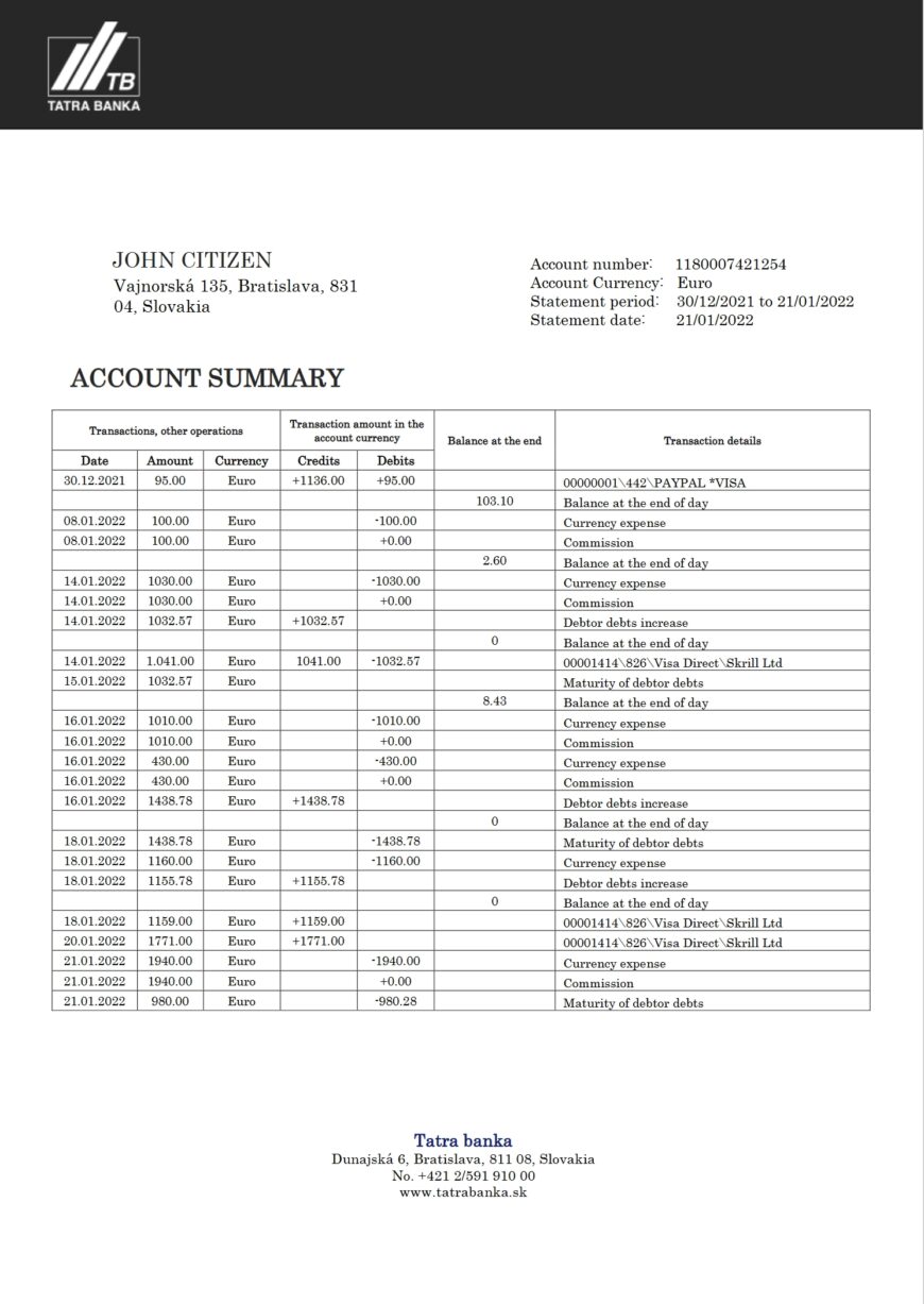 Slovakia Tatra Bank Statement Word And PDF Template