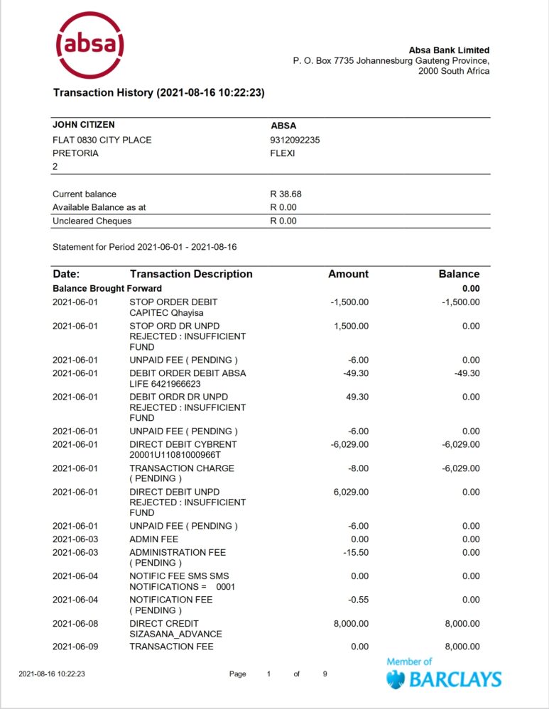 South Africa ABSA Bank Statement Word And PDF Template 9 page 1