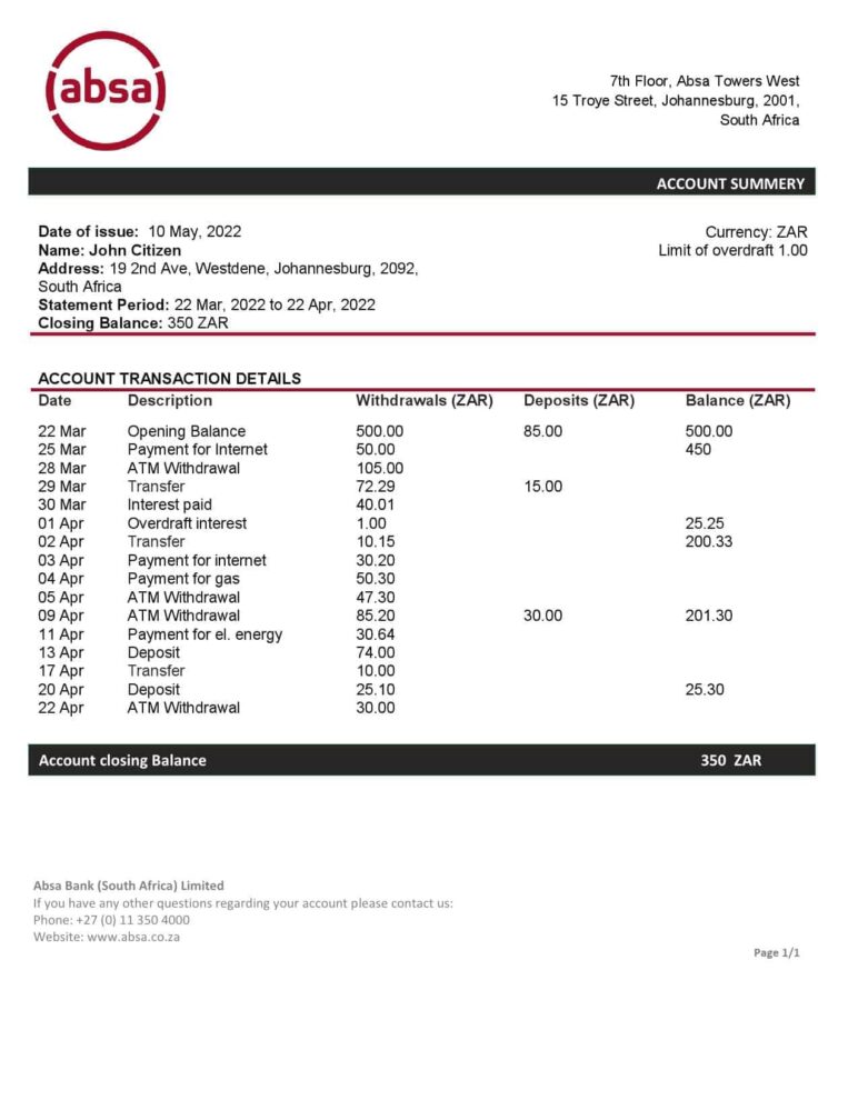 South Africa ABSA Bank Statement Word and PDF Template