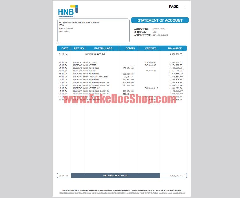 Sri Lanka Hatton National Bank (HNB) Savings Account Statement Template