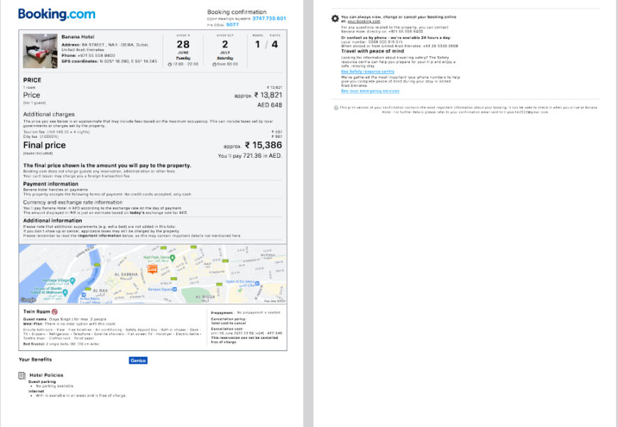 UAE Hotel Booking Confirmation Template in word and pdf format
