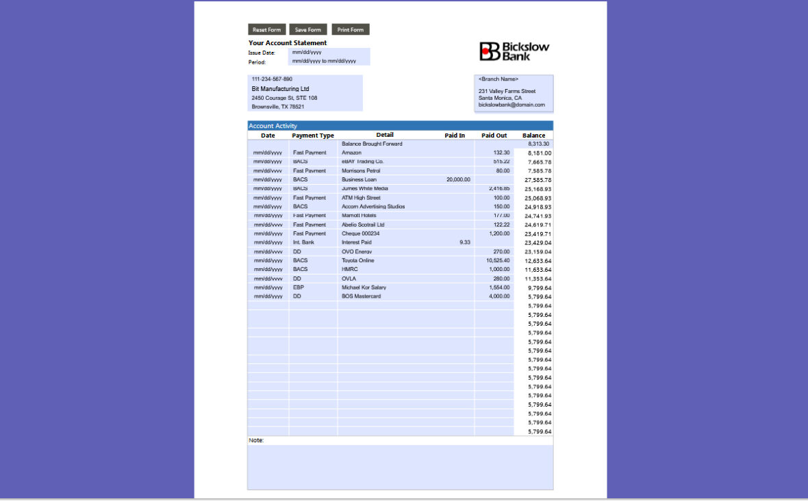 USA Bickslow Bank Account Statement Template in word and pdf format