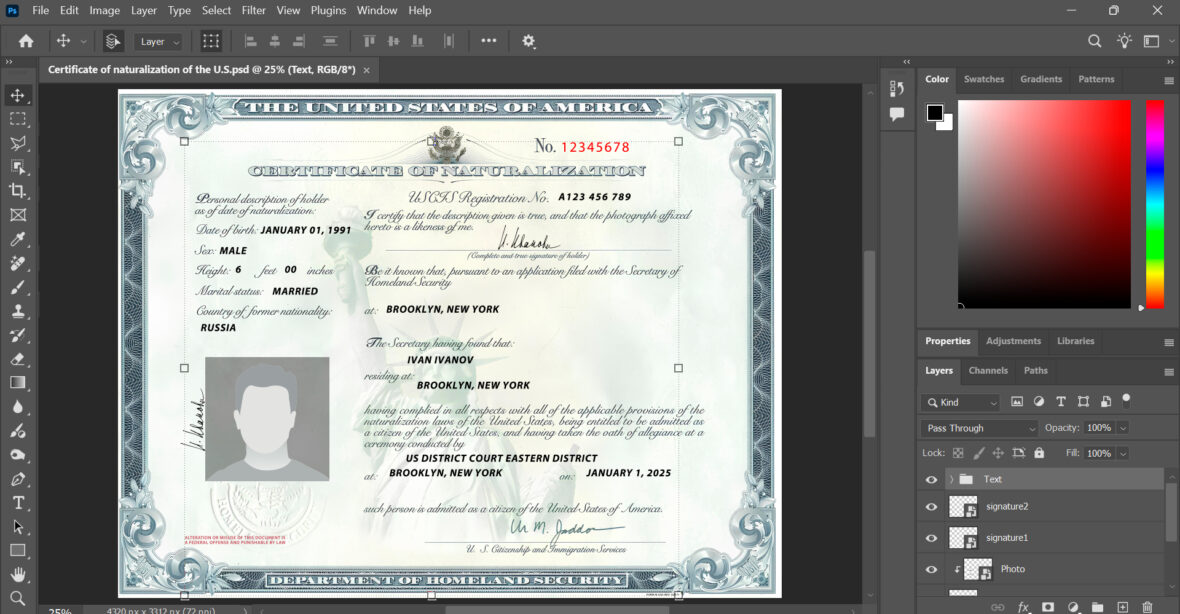 USA Citizenship certificate template in PSD format