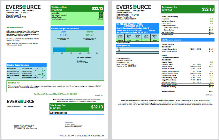 USA Eversource Electricity Bill Template in word and pdf format