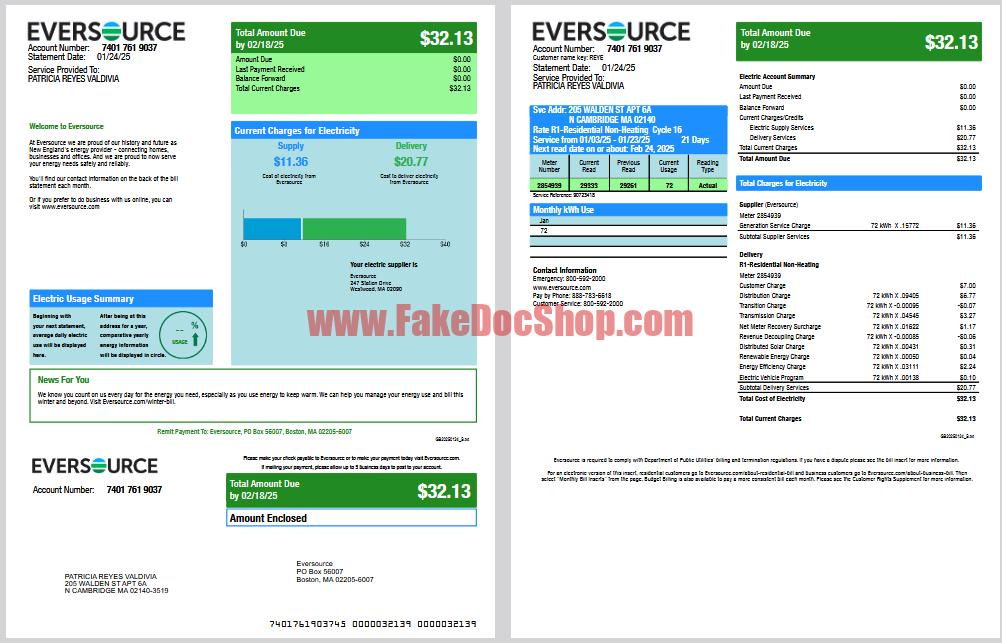 USA Eversource Electricity Bill Template in word and pdf format