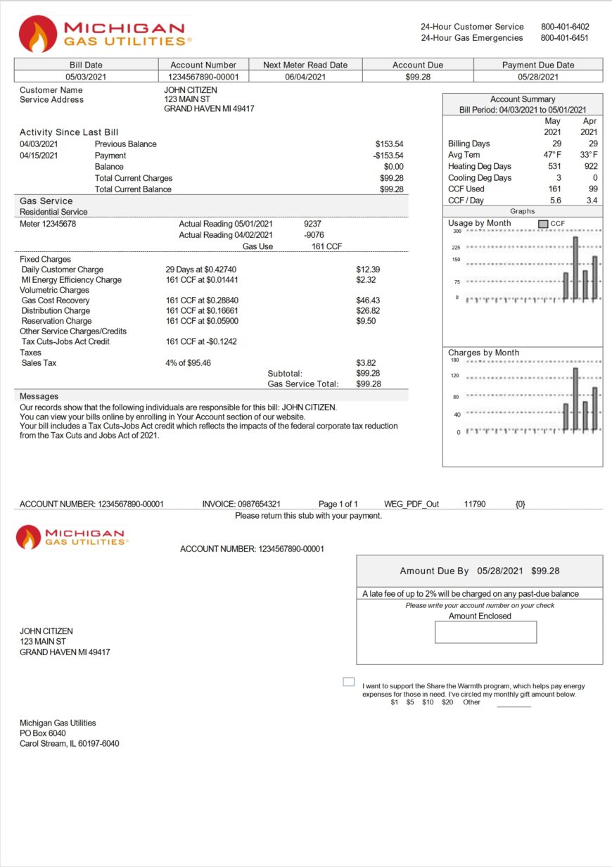 USA Michigan Gas Utilities Utility Bill Word And PDF Template