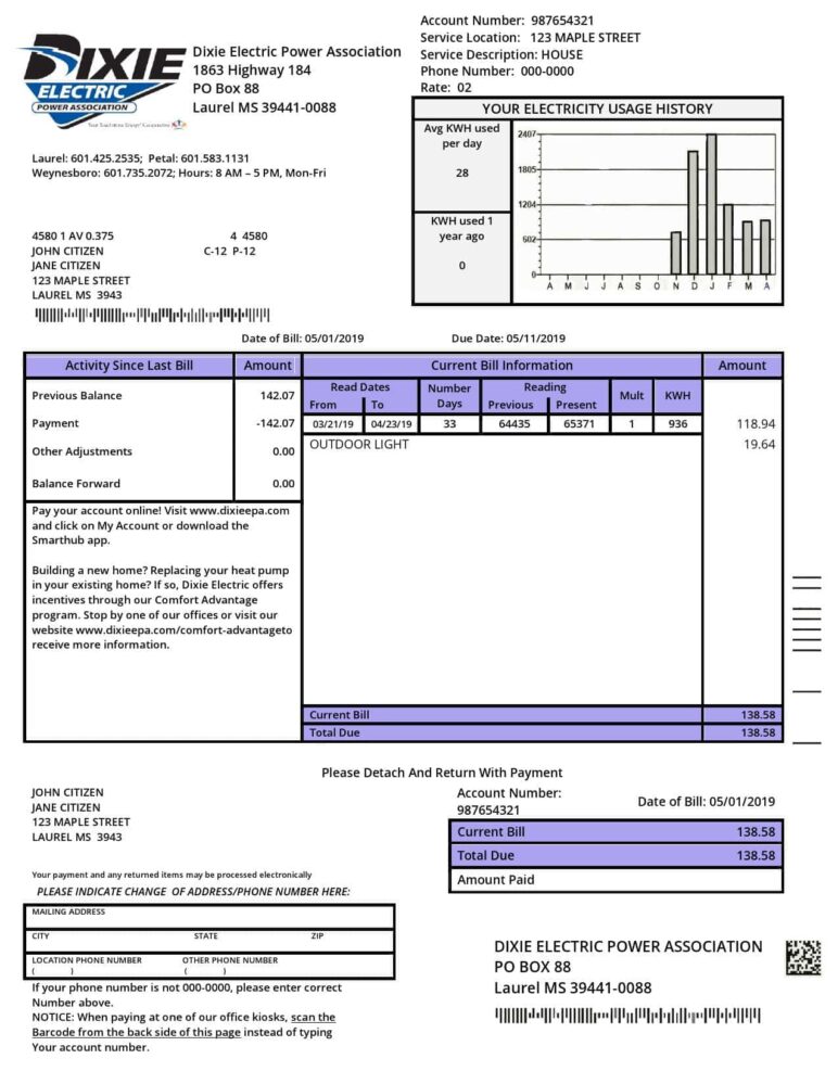 USA Mississippi Dixie Electric Utility Bill Word And PDF Template
