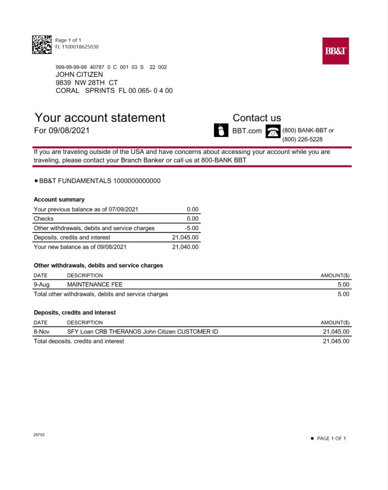 USA North Carolina BBT Corp. Bank Statement Template
