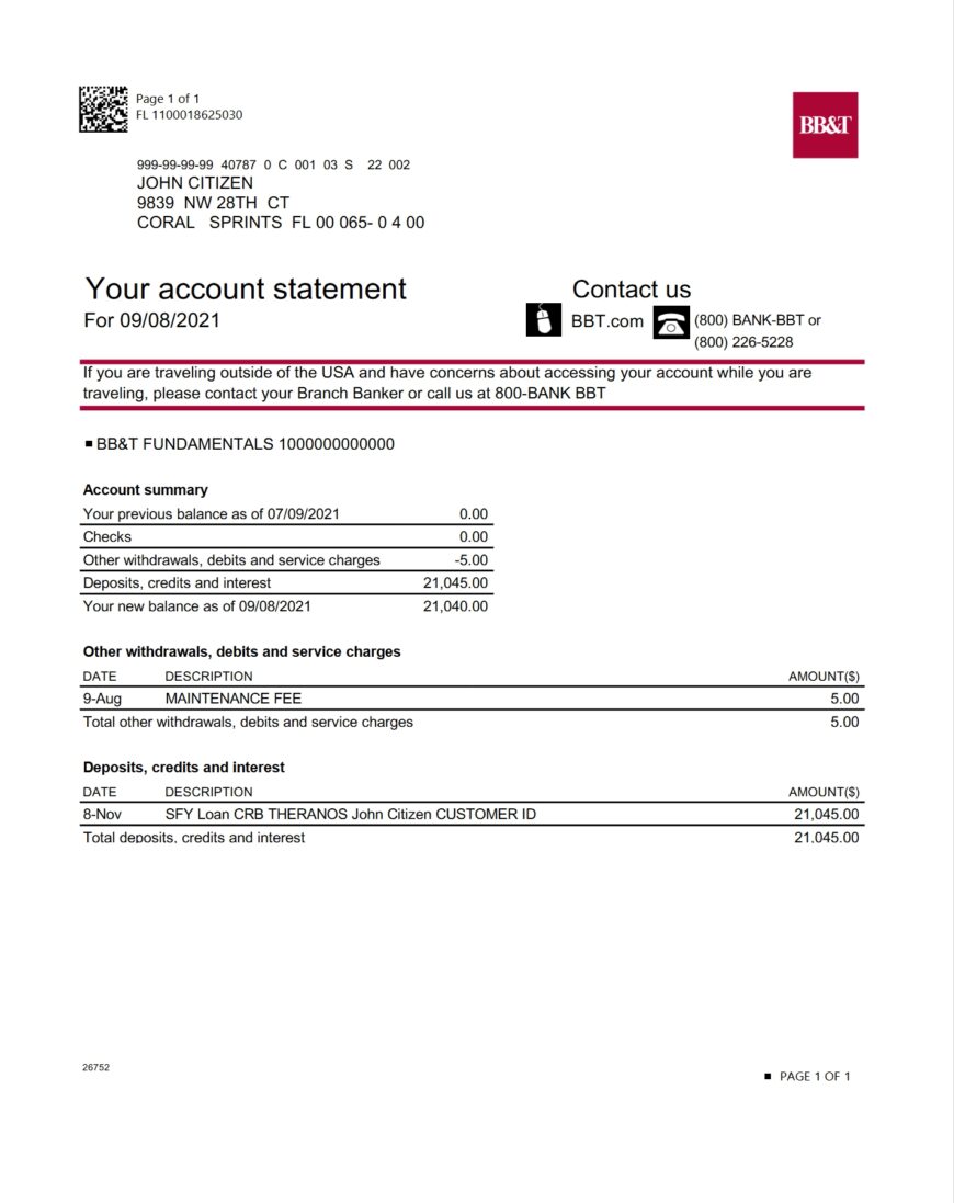 USA North Carolina BBT Corp. Bank Statement Template