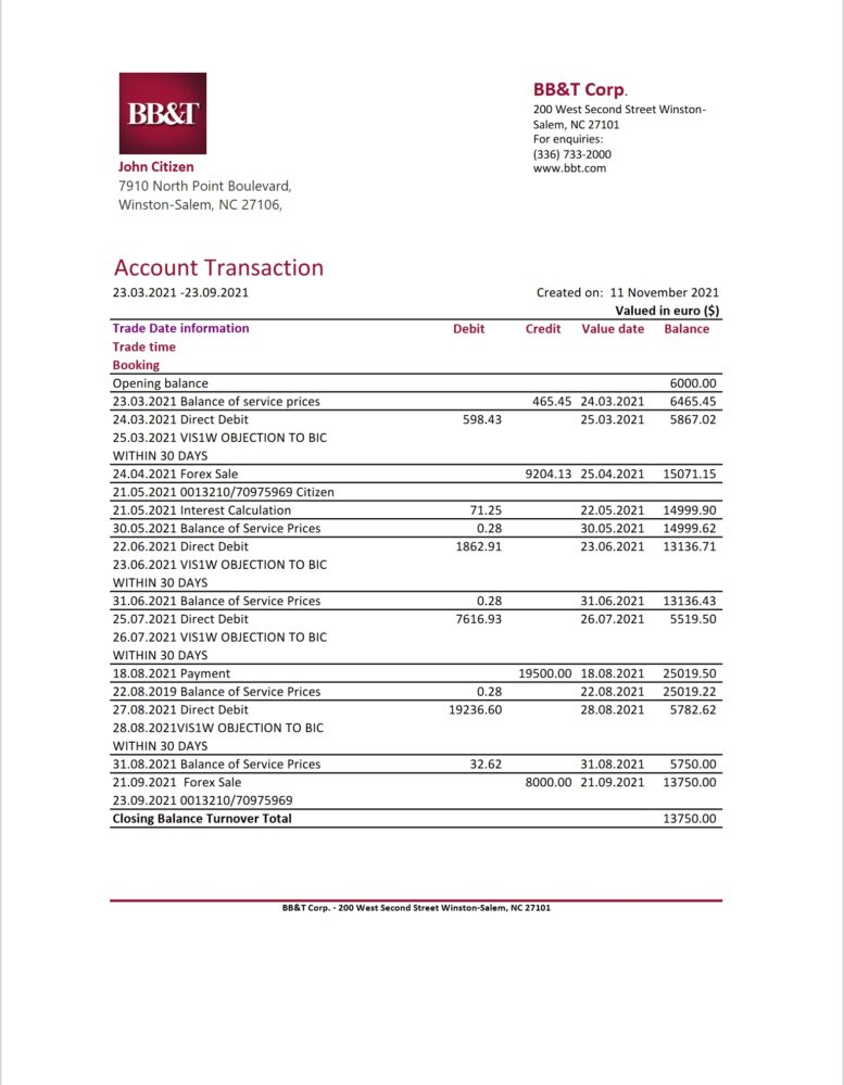 USA North Carolina BBT Corp. Bank Statement Template Version 2