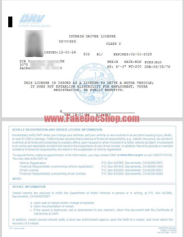 United States California Interim Driver License Template in word and pdf format