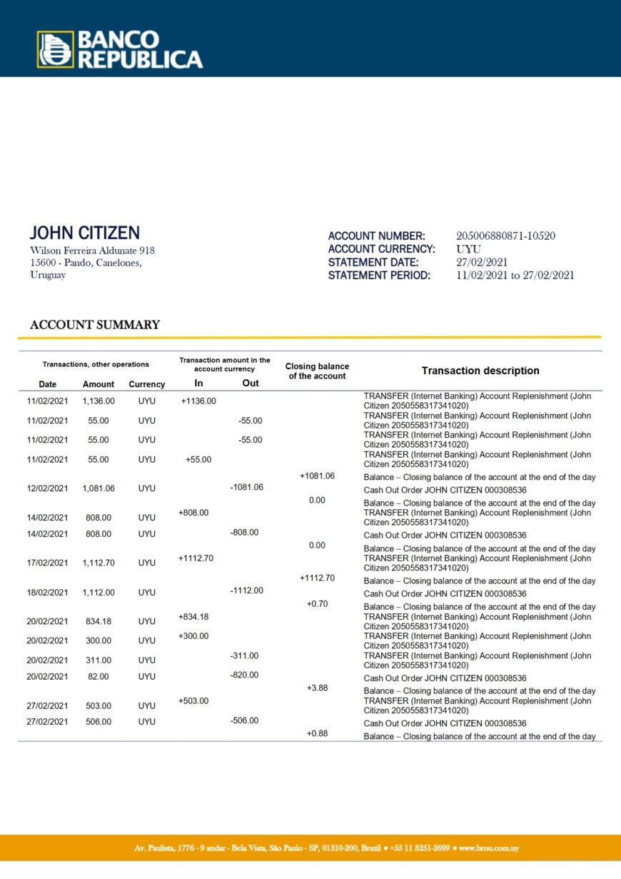 Uruguay Banco De La Republica Oriental Del Uruguay Bank Statement Template Version 2