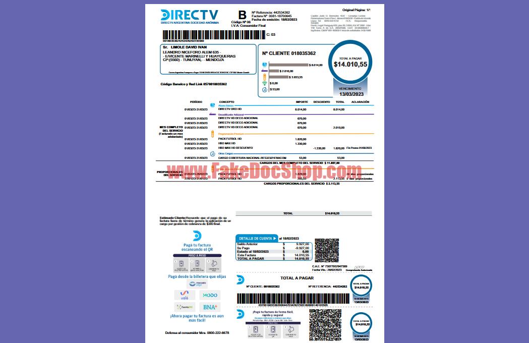 Argentina DIRECTV Service Invoice Template in word and pdf format