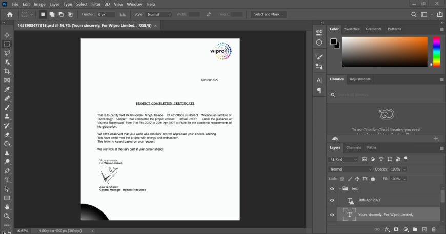 Fake Wipro Company Experience Certificate PSD Template