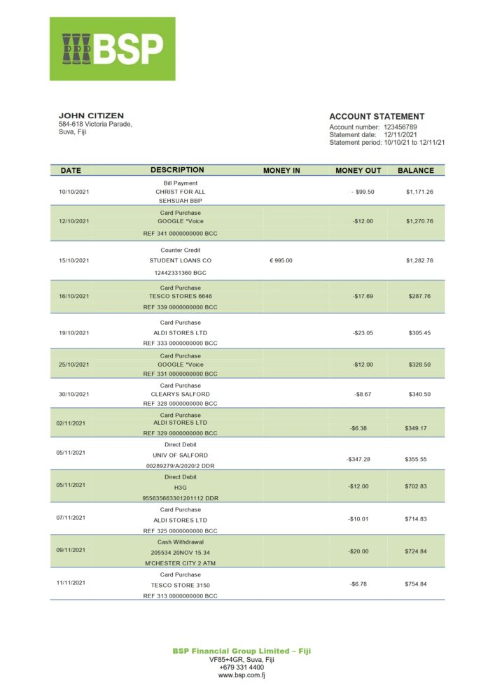 Fiji Bank of South Pacific Bank Statement Word And PDF Template