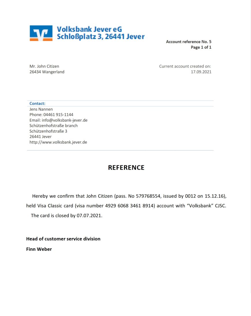Germany Volksbank Bank Reference Letter Template Version 2