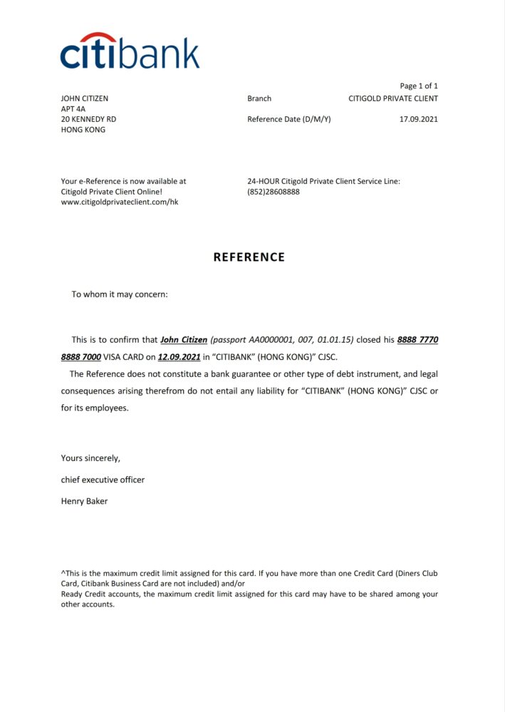Hong Kong Citibank Bank Reference Letter Template Version 2