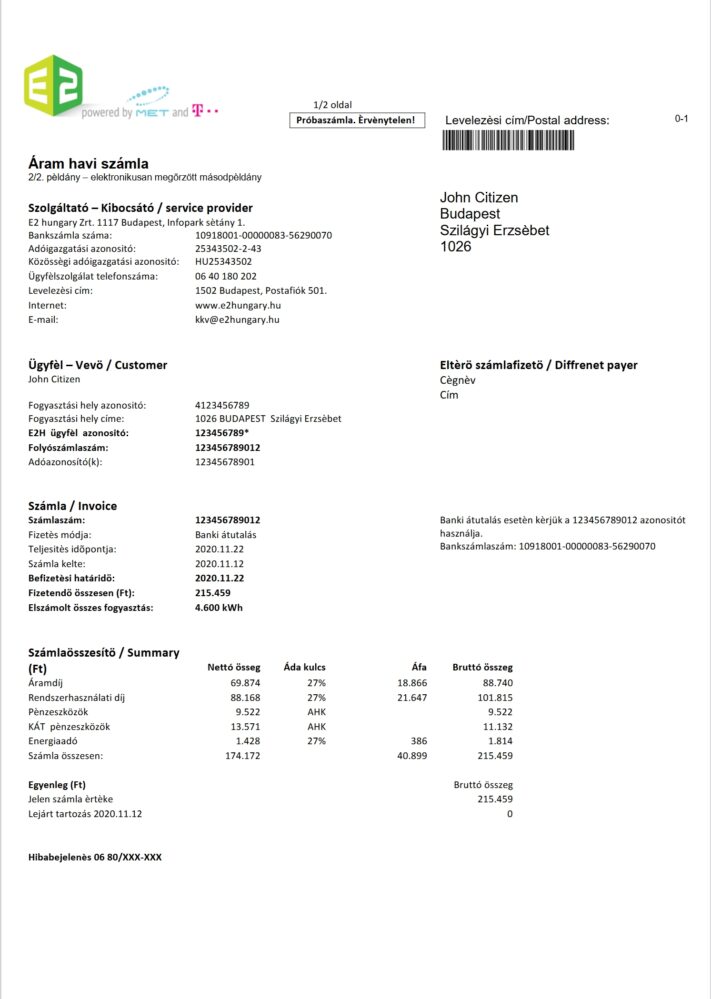 Hungary E2 Utility Bill Word And PDF Template