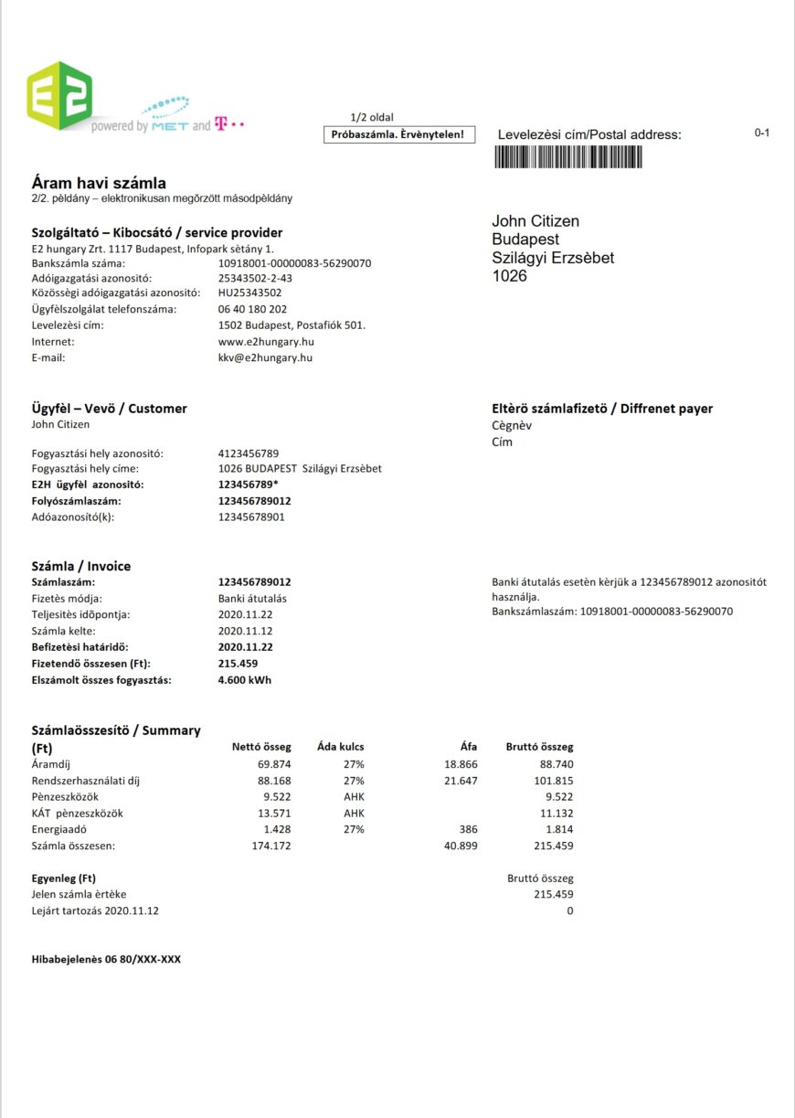 Hungary E2 Utility Bill Word And PDF Template