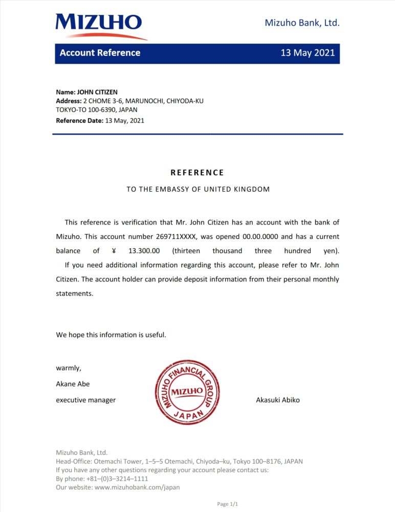 Japan Mizuho Bank Reference Letter Template Version 2