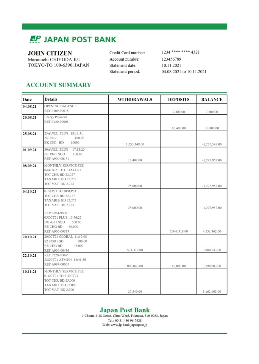 Japan Post Bank Statement Excel And PDF Template