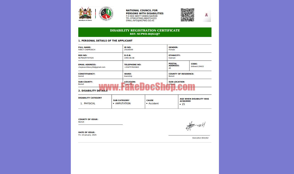 Kenya Disability Registration Certificate Template in word and pdf format