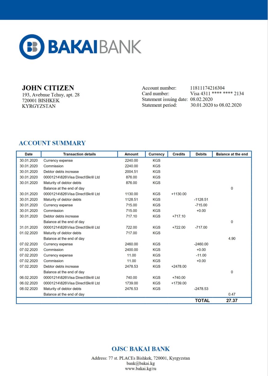 Kyrgyzstan OJSC Bakai Bank Statement Word And PDF Template