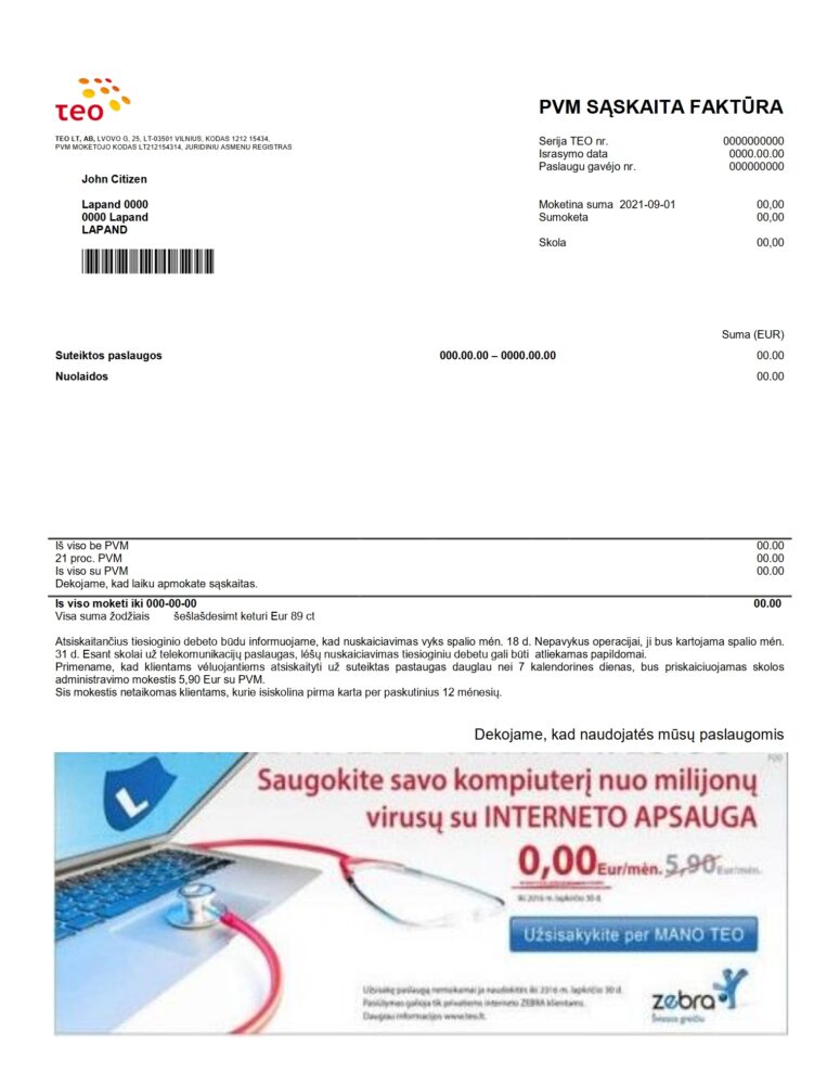 Lithuania Teo Utility Bill Word And PDF Template